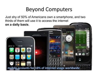 Beyond Computers
Just shy of 50% of Americans own a smartphone, and two
thirds of them will use it to access the internet
on a daily basis.

 