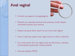 Anel vaginal  Contém estrogénio e progestagénio Mantém-se colocado durante três semanas, sendo depois removido durante uma semana Depois da pausa deve inserir-se um novo anel vaginal Caso o anel saia, passe-o por água morna e volte a colocá-lo Se o anel estiver fora da vagina mais de três horas, a eficácia contraceptiva pode estar comprometida Grau de eficácia: 99,7% 