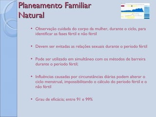 Planeamento Familiar  Natural  Observação cuidada do corpo da mulher, durante o ciclo, para identificar as fases fértil e não fértil Devem ser evitadas as relações sexuais durante o período fértil Pode ser utilizado em simultâneo com os métodos de barreira durante o período fértil; Influências causadas por circunstâncias diárias podem alterar o ciclo menstrual, impossibilitando o cálculo do período fértil e o não fértil Grau de eficácia; entre 91 e 99%  