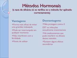 Métodos Hormonais  (a taxa de eficácia só se verifica se o método for aplicado correctamente) Vantagens: Forma mais eficaz de evitar uma gravidez indesejada Pode ser interrompido em qualquer momento Não interferem com a fertilidade Fáceis de utilizar Desvantagens: Não protegem contra 0 DST ou infecções sexualmente transmissíveis Há medicamentos que pode interferir na eficácia destes métodos Existem alguns efeitos secundários 