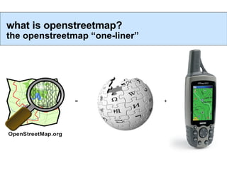 = + what is openstreetmap?  the openstreetmap “one-liner” 