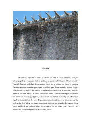 Alegoria




       Há um cão agonizando sobre o asfalto. Ele tem os olhos amarelos, a língua
esbranquiçada e a respiração lenta e funda de quem morre lentamente. Dolorosamente.
Sua pele lacerada está cheia de carrapatos com o dorso tatuado em listras negras que
formam pequenos roteiros geográficos, pontilhados de flores amarelas. A pele do cão
está grudada no asfalto. Nas poucas vezes em que ele tentou se movimentar, o asfalto
arrancou um bom pedaço de couro e mais uma ferida se abriu em sua pele. Eu sinto a
dor deste cão porque seus nervos se misturaram aos nervos do asfalto e o asfalto está
ligado a mim por meio dos raios de calor constantemente jogados na minha cabeça. Eu
sinto a dor deste cão e por alguns momentos sinto que sou este cão. Da mesma forma
que o asfalto, o sol também brinca de arrancar a dor da minha pele. Também vivo
lentamente, ou morro lentamente o que dá no mesmo.
 