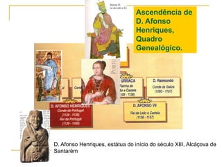 Ascendência de D. Afonso Henriques,Quadro Genealógico.D. Afonso Henriques, estátua do início do século XIII, Alcáçova de Santarém