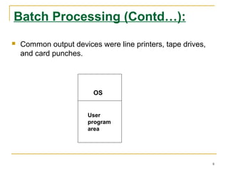 Batch Processing (Contd…):
 Common output devices were line printers, tape drives,
and card punches.
OS
User
program
area
8
 