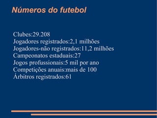 Números do futebol

Clubes:29.208
Jogadores registrados:2,1 milhões
Jogadores-não registrados:11,2 milhões
Campeonatos estaduais:27
Jogos profussionais:5 mil por ano
Competições anuais:mais de 100
Árbitros registrados:61
 