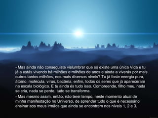 - Mas ainda não conseguiste vislumbrar que só existe uma única Vida e tu
já a estás vivendo há milhões e milhões de anos e ainda a viverás por mais
outros tantos milhões, nos mais diversos níveis? Tu já foste energia pura,
átomo, molécula, vírus, bactéria, enfim, todos os seres que já apareceram
na escala biológica. E tu ainda és tudo isso. Compreende, filho meu, nada
se cria, nada se perde, tudo se transforma.
- Mas mesmo assim, então, não terei tempo, neste momento atual de
minha manifestação no Universo, de aprender tudo o que é necessário
ensinar aos meus irmãos que ainda se encontram nos níveis 1, 2 e 3.
 