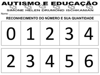 Nome: __________________________________________________________________
0 1 2 3 4
2 3 4 5 6
RECONHECIMENTO DO NÚMERO E SUA QUANTIDADE
 