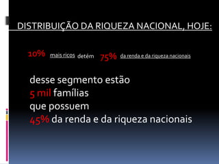 DISTRIBUIÇÃO DA RIQUEZA NACIONAL, HOJE:

  10%   mais ricos detém   75%   da renda e da riqueza nacionais



  desse segmento estão
  5 mil famílias
  que possuem
  45% da renda e da riqueza nacionais
 