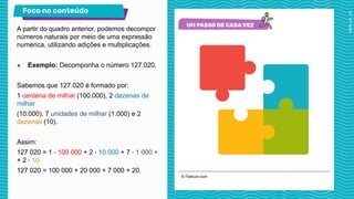 © Flaticon.com
Foco no conteúdo
A partir do quadro anterior, podemos decompor
números naturais por meio de uma expressão
numérica, utilizando adições e multiplicações.
● Exemplo: Decomponha o número 127.020.
Sabemos que 127.020 é formado por:
1 centena de milhar (100.000), 2 dezenas de
milhar
(10.000), 7 unidades de milhar (1.000) e 2
dezenas (10).
Assim:
127 020 = 1 ∙ 100 000 + 2 ∙ 10 000 + 7 ∙ 1 000 +
+ 2 ∙ 10.
127 020 = 100 000 + 20 000 + 7 000 + 20.
 
