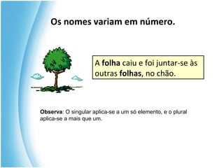 Os nomes variam em número.
A folha caiu e foi juntar-se às
outras folhas, no chão.
Observa: O singular aplica-se a um só elemento, e o plural
aplica-se a mais que um.
 