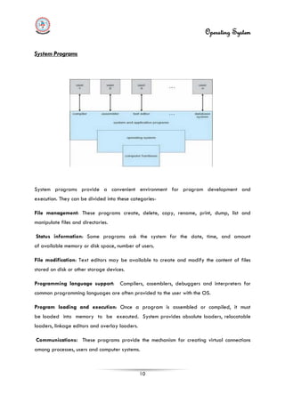 Operating System
10
System programs provide a convenient environment for program development and
execution. They can be divided into these categories-
File management: These programs create, delete, copy, rename, print, dump, list and
manipulate files and directories.
Status information: Some programs ask the system for the date, time, and amount
of available memory or disk space, number of users.
File modification: Text editors may be available to create and modify the content of files
stored on disk or other storage devices.
Programming language support: Compilers, assemblers, debuggers and interpreters for
common programming languages are often provided to the user with the OS.
Program loading and execution: Once a program is assembled or compiled, it must
be loaded into memory to be executed. System provides absolute loaders, relocatable
loaders, linkage editors and overlay loaders.
Communications: These programs provide the mechanism for creating virtual connections
among processes, users and computer systems.
System Programs
 