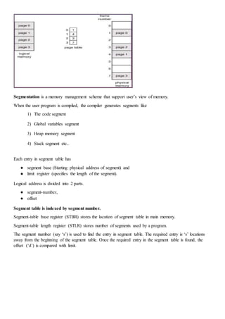 Segmentation is a memory management scheme that support user’s view of memory.
When the user program is compiled, the compiler generates segments like
1) The code segment
2) Global variables segment
3) Heap memory segment
4) Stack segment etc..
Each entry in segment table has
● segment base (Starting physical address of segment) and
● limit register (specifies the length of the segment).
Logical address is divided into 2 parts.
● segment-number,
● offset
Segment table is indexed by segment number.
Segment-table base register (STBR) stores the location of segment table in main memory.
Segment-table length register (STLR) stores number of segments used by a program.
The segment number (say ‘s’) is used to find the entry in segment table. The required entry is ‘s’ locations
away from the beginning of the segment table. Once the required entry in the segment table is found, the
offset (‘d’) is compared with limit.
 