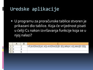 Uredske aplikacijeU programu za proračunske tablice stvoren je prikazani dio tablice. Koja će vrijednost pisati u ćeliji C1 nakon izvršavanja funkcije koja se u njoj nalazi?