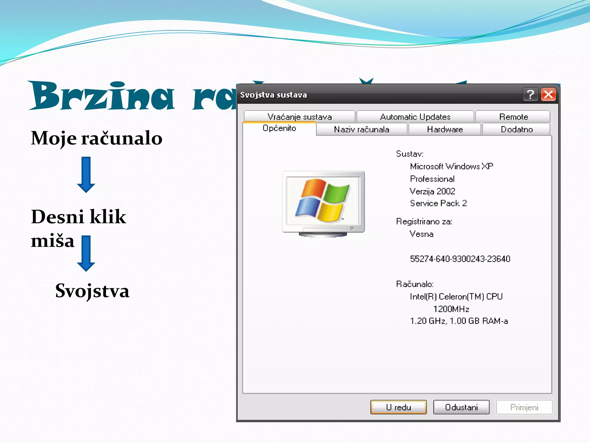 Brzina rada računala
Moje računalo



Desni klik
miša

  Svojstva
 