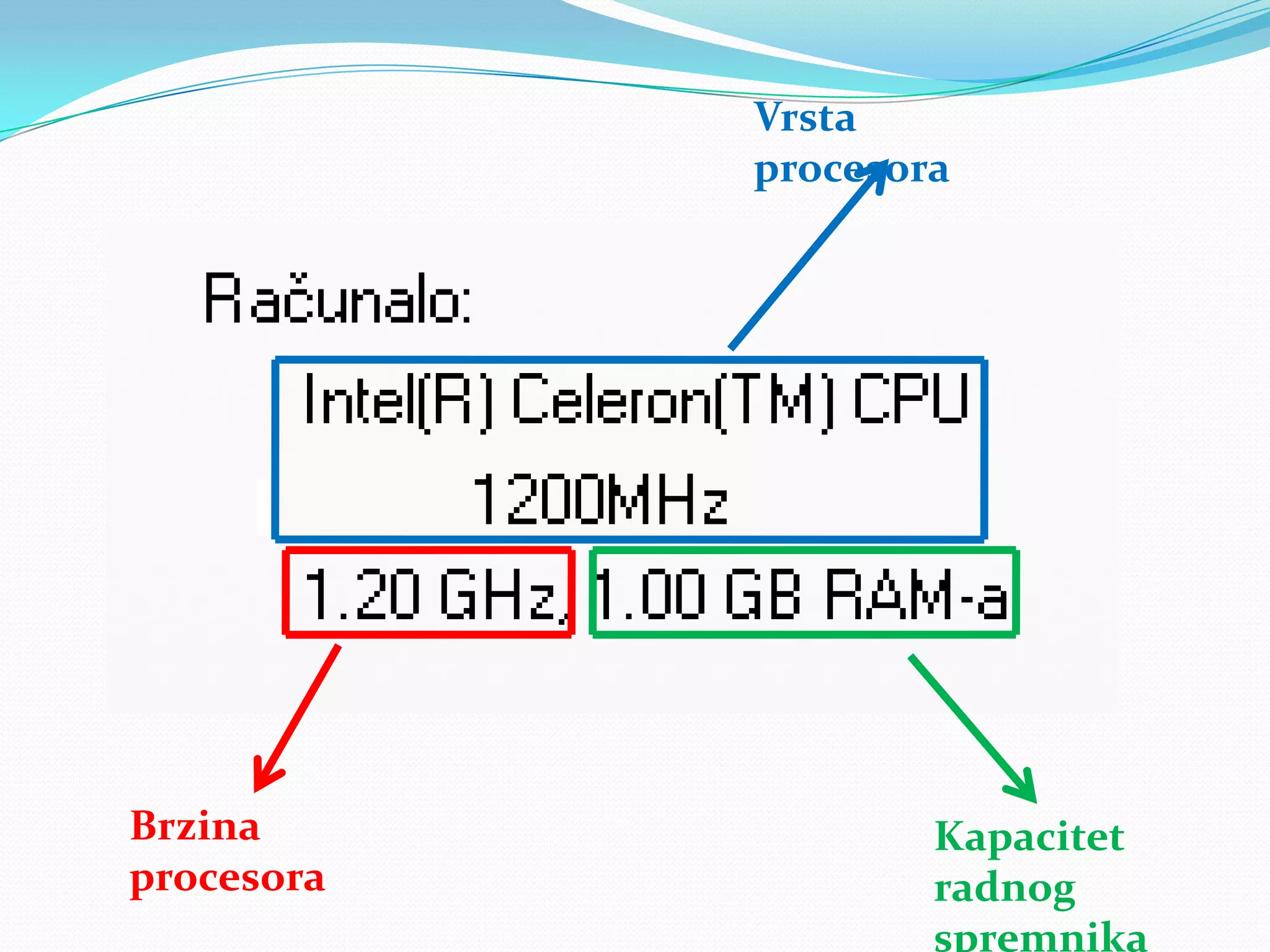 Vrsta
            procesora




Brzina              Kapacitet
procesora           radnog
                    spremnika
 
