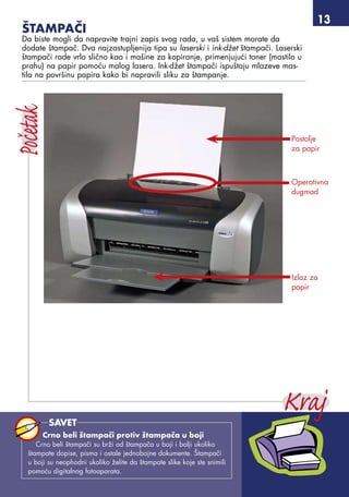 13
Štampači
Da biste mogli da napravite trajni zapis svog rada, u vaš sistem morate da
dodate štampač. Dva najzastupljenija tipa su laserski i ink-džet štampači. Laserski
štampači rade vrlo slično kao i mašine za kopiranje, primenjujući toner (mastilo u
prahu) na papir pomoću malog lasera. Ink-džet štampači ispuštaju mlazeve mas-
tila na površinu papira kako bi napravili sliku za štampanje.
Postolje
za papir
Operativna
dugmad
Izlaz za
papir
Crno beli štampači protiv štampača u boji
Crno beli štampači su brži od štampača u boji i bolji ukoliko
štampate dopise, pisma i ostale jednobojne dokumente. Štampači
u boji su neophodni ukoliko želite da štampate slike koje ste snimili
pomoću digitalnog fotoaparata.
SAVET
 