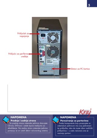 Priključak za
napajanje
Priključci za periferne
uređaje
Slotovi za PC kartice
Prednja i zadnja strana
Sa prednje strane sistemske jedinice ubacujete
CD-ove, DVD-ove i ostale tipove medijuma za
skladištenje. Na zadnju stranu sistemske jedinice
povezuju se svi ostali delovi računarskog sistema.
NAPOMENA
Povezivanje sa portovima
Svaka komponenta koju povezujete sa
sistemskom jedinicom ima svoj jedinstveni
tip priključka, tako da imate izbor različitih
priključnica – u svetu računara one se
nazivaju portovi.
NAPOMENA
 