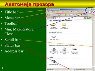 8
Анатомија прозораАнатомија прозора
• Title bar
• Menu bar
• Toolbar
• Min, Max/Restore,
Close
• Scroll bars
• Status bar
• Address bar
 