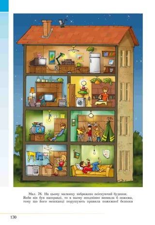 Мал. 76. На цьому малюнку зображено неіснуючий будинок.
Якби він був насправді, то в ньому неодмінно виникла б пожежа,
тому що його мешканці порушують правила пожежної безпеки
130
 