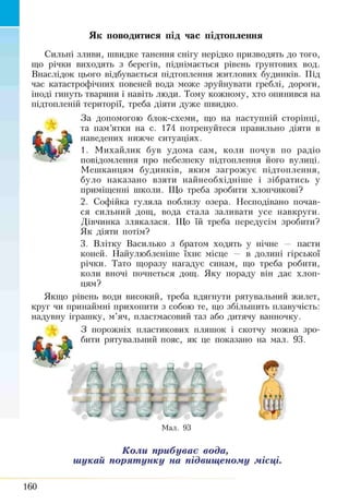 Як поводитися під час підтоплення
I t *
Сильні зливи, швидке танення снігу нерідко призводять до того,
що річки виходять з берегів, піднімається рівень ґрунтових вод.
Внаслідок цього відбувається підтоплення житлових будинків. Під
час. катастрофічних повеней вода може зруйнувати греблі, дороги,
іноді гинуть тварини і навіть люди. Тому кожному, хто опинився на
підтопленій території, треба діяти дуже швидко.
За допомогою блок-схеми, що на наступній сторінці,
та пам’ятки на с. 174 потренуйтеся правильно діяти в
наведених нижче ситуаціях.
1. Михайлик був удома сам, коли почув по радіо
повідомлення про небезпеку підтоплення його вулиці.
Мешканцям будинків, яким загрожує підтоплення,
було наказано взяти найнеобхідніше і зібратись у
приміщенні ніколи. Що треба зробити хлопчикові?
2. Софійка гуляла поблизу озера. Несподівано почав­
ся сильний дощ, вода стала заливати усе навкруги.
Дівчинка злякалася. Що їй треба передусім зробити?
Як діяти потім?
3. Влітку Василько з братом ходять у нічне — пасти
коней. Найулюбленіше їхнє місце — в долині гірської
річки. Тато щоразу нагадує синам, що треба робити,
коли вночі почнеться дощ. Яку пораду він дає хлоп­
цям?
Якщо рівень води високий, треба вдягнути рятувальний жилет,
круг чи принаймні прихопити з собою те, що збільшить плавучість:
надувну іграшку, м’яч, пластмасовий таз або дитячу ванночку.
З порожніх пластикових пляшок і скотчу можна зро­
бити рятувальний пояс., як це показано на мал. 93.
Мал. 93
Коли прибуває вода,
шукай порятунку на підвищеному місці.
160
 
