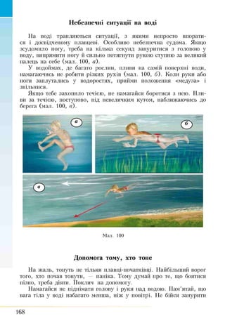 Небезпечні ситуації на воді
На воді трапляються ситуації, з якими непросто впорати­
ся і досвідченому плавцеві. Особливо небезпечна судома. Якщо
зсудомило ногу, треба на кілька секунд зануритися з головою у
воду, випрямити ногу й сильно потягнутії рукою ступню за великий
палець на себе (мал. 100, а).
У водоймах, де багато рослин, пливи на самій поверхні води,
намагаючись не робити різких рухів (мал. 100, б). Коли руки або
ноги заплутались у водоростях, прийми положення «медуза» і
звільнися.
Якщо тебе захопило течією, не намагайся боротися з нею. Пли­
ви за течією, поступово, під невеличким кутом, наближаючись до
берега (мал. 100, в).
Мал. 100
Допомога тому, хто тоне
На жаль, тонуть не тільки плавці-початківці. Найбільший ворог
того, хто почав тонути, — паніка. Тому думай про те, що боятися
пізно, треба діяти. Поклич на допомогу.
Намагайся не піднімати голову і руки над водою. Пам’ятай, що
вага тіла у воді набагато менша, ніж у повітрі. Не бійся занурити
168
 