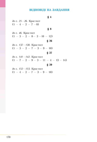 ВІДПОВІДІ НА ЗАВДАННЯ
§ 4
до с. 25 —26. Крос-тест
(1 - 4 - 2 - 7 - 8 )
§ 8
до с. 46. Крос-тест
(1 - 5 - 2 - 8 - 3 -1 0 - 12)
§ 26
до с. 137—138. Крос-тест
( 1 - 5 - 2 - 7 - 3 - 9 - 1 0 )
§ 27
до с. 141 —142. Крос-тест
( 1 - 7 - 2 - 9 - 3 - 1 1 - 4 - 1 3 - 1 4 )
§ 29
до с. 152— 153. Крос-тест
( 1 - 4 - 2 - 7 - 3 - 9 - 1 0 )
170
 