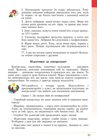 2. Неповторене протягом 24 годин забувається. Тому
домашні завдання найкраще виконувати того дня, коли
їх задано: ти ще багато пам’ятаєш з розповіді вчителя
на уроці.
3. Дехто найкраще запам’ятовує перед сном. Якщо він
кілька разів прочитає на ніч вірш, то вранці вже непо­
гано знатиме його.
4. Інші, навпаки, можуть вчити напам’ять тільки зранку,
до 12-ї години.
5. Спочатку постарайся зрозуміти правило, а потім вчи
його напам’ять. Зубріння без розуміння є неефективним.
6. Вірші мають ритм. Тому, коли вчиш вірш, поринь у
його ритм. Можна підспівувати або підтанцьовувати в
такт.
7*. А які ще методи запам’ятовування ти знаєш? Поділи­
ся своїми секретами з друзями.
Підготовка до контрольної
Контрольна, самостійна, тематичне тестування — хвилюючі
події. Зрештою, невелике хвилювання тобі не зашкодить. Навіть
навпаки — допоможе зосередитися й пригадати все, що знаєш. Та
деякі діти і дорослі дуже бояться іспитів. Через хвилювання з голо­
ви «вивітрюється» все, що знали, тому вони не можуть упоратися з
найпростішим. їм стануть у пригоді поради психологів.
Об’єднайтесь у чотири групи. Підготуйтесь і
продемонструйте у класі, як організувати підготовку до
контрольної і що робити для зменшення хвилювання.
Група 1. За кілька днів до контрольної
• Сприймай контрольну як шанс виявити себе й отримати вина­
городу.
• Щоранку, прокинувшись, і перед сном налаштовуйся на успіх.
Уяви, як почуватимешся, отримавши високу оцінку, як радіти­
муть за тебе друзі, як хвалитимуть тебе батьки (мал. ЗО, а).
• Готуйся! Не дозволяй собі провалитися через лінощі.
• Переглянь підручник, визнач слабкі місця у своїх знаннях.
Розберися з щ і м сам або звернися по допомогу.
• Переглянь свої записи в зошиті й на картках. Допити те, чого
не вистачає.
53
 