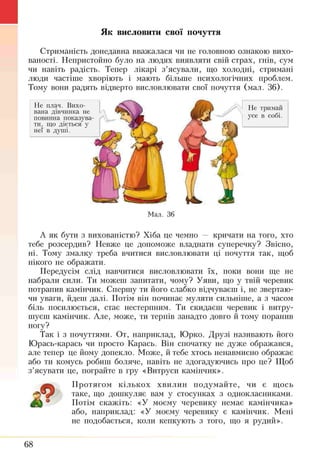 Як висловити свої почуття
Стриманість донедавна вважалася чи не головною ознакою вихо­
ваності. Непристойно було на людях виявляти свій страх, гнів, сум
чи навіть радість. Тепер лікарі з’ясували, що холодні, стримані
люди частіше хворіють і мають більше психологічних проблем.
Тому вони радять відверто висловлювати свої почуття (мал. 36).
Не плач. Вихо­
вана дівчинка не
повинна показува­
ти, що діється у
неї в душі.
Не тримай
усе в собі.
Мал. 36
А як бути з вихованістю? Хіба це чемно — кричати на того, хто
тебе розсердив? Невже це допоможе владнати суперечку? Звісно,
ні. Тому змалку треба вчитися висловлювати ці почуття так, щоб
нікого не ображати.
Передусім слід навчитися висловлювати їх, поки вони ще не
набрали сили. Ти можеш запитати, чому? Уяви, що у твій черевик
потрапив камінчик. Спершу ти його слабко відчуваєш і, не звертаю­
чи уваги, йдеш далі. Потім він починає муляти сильніше, а з часом
біль посилюється, стає нестерпним. Ти скидаєш черевик і витру­
шуєш камінчик. Але, може, ти терпів занадто довго й тому пораніш
ногу?
Так і з почуттями. От, наприклад, Юрко. Друзі називають його
Юрась-карась чи просто Карась. Він спочатку не дуже ображався,
але тепер це йому допекло. Може, йтебе хтось ненавмисно ображає
або ти комусь робиш боляче, навіть не здогадуючись про це? Щоб
з’ясувати це, пограйте в гру «Витруси камінчик».
Протягом кількох хвилин подумайте, чи є щось
таке, що дошкуляє вам у стосунках з однокласниками.
^ *■ Потім скажіть: «У моєму черевику немає камінчика»
або, наприклад: «У моєму черевику є камінчик. Мені
не подобається, коли кепкують з того, що я руднії».
68
 