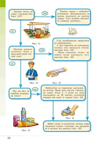 ґ
V.
Людина впала на
спину і відчуває біль
(мал. 41)? 111111111sі111і 1111111111111111
►
Травми спини є найнебез-
печнішими. Постраждалого не
можна піднімати до приїзду
лікаря. Слід негайно виклика­
ти «швидку допомогу».
± Мал. 41
Падіння завдало
сильного болю у
будь-якій іншій час­
тині тіла?
Слід якнайшвидше звернутися
до травмопункту.
У разі перелому на ушкоджену
частину тіла накладуть гіпсову
пов’язку (мал. 42).
Якщо перелому немає, на
забите місце накладуть тугу
пов’язку (мал. 43).
-------------------------------------------------------------------------------------------------------------------------------------------- -.;;ч
Найчастіше це спричиняє розтягнен­
ня зв’язок. Якщо нога опухла і болить,
на хворе місце 4 —5 разів на день
накладають на 20 хвилин холодний
компрес або пакет із льодом (мал. 44).
Забиті місця та розтягнені зв’язки добре]
І лікуються гелями і кремами, що продають-1
І ся в аптеках без рецепта (мал. 45). І
Мал. 45
Мал. 43
Мал. 44
78
 