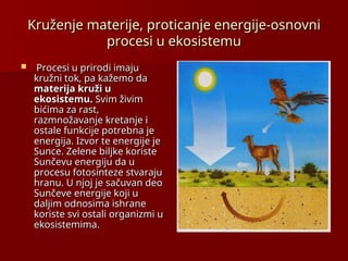 Kruženje materije, proticanje energije-osnovni
Kruženje materije, proticanje energije-osnovni
procesi u ekosistemu
procesi u ekosistemu
 Procesi u prirodi imaju
Procesi u prirodi imaju
kružni tok, pa kažemo da
kružni tok, pa kažemo da
materija kruži u
materija kruži u
ekosistemu.
ekosistemu. Svim živim
Svim živim
bićima za rast,
bićima za rast,
razmnožavanje kretanje i
razmnožavanje kretanje i
ostale funkcije potrebna je
ostale funkcije potrebna je
energija. Izvor te energije je
energija. Izvor te energije je
Sunce. Zelene biljke koriste
Sunce. Zelene biljke koriste
Sunčevu energiju da u
Sunčevu energiju da u
procesu fotosinteze stvaraju
procesu fotosinteze stvaraju
hranu. U njoj je sačuvan deo
hranu. U njoj je sačuvan deo
Sunčeve energije koji u
Sunčeve energije koji u
daljim odnosima ishrane
daljim odnosima ishrane
koriste svi ostali organizmi u
koriste svi ostali organizmi u
ekosistemima.
ekosistemima.
 