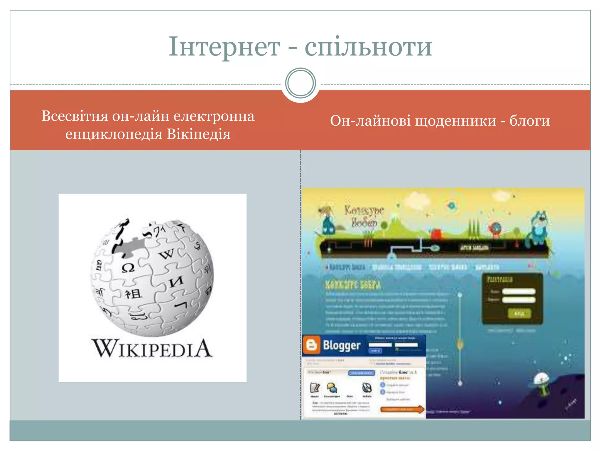 Інтернет - спільноти
Всесвітня он-лайн електронна
енциклопедія Вікіпедія
Он-лайнові щоденники - блоги
 