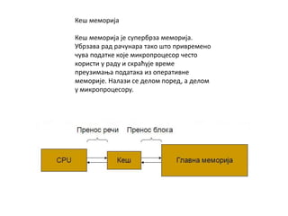 Кеш меморија
Кеш меморија је супербрза меморија.
Убрзава рад рачунара тако што привремено
чува податке које микропроцесор често
користи у раду и скраћује време
преузимања података из оперативне
меморије. Налази се делом поред, а делом
у микропроцесору.
 