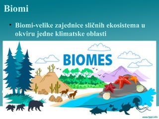 Biomi
• Biomi-velike zajednice sličnih ekosistema u
okviru jedne klimatske oblasti
 