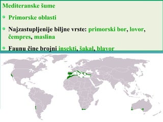 Mediteranske šume
Primorske oblasti
Najzastupljenije biljne vrste: primorski bor, lovor,
čempres, maslina
Faunu čine brojni insekti, šakal, blavor
 