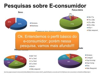 Pesquisas sobre E-consumidor http://docs.google.com/gview?a=v&q=cache%3A3dny2l8sEpQJ%3Awww.camara-e.net%2F_upload%255Cperfil_e-consumidor.pdf+n%C3%BAmeros+de+e-consumidores+no+Brasil&hl=pt-BR&gl=br&pli=1 60% 40% 71% 40% 12% 1% 12% 2% 1% 5% 18% 9% 14% 23% 31% 1% 7% 21% 36% 21% 14% 40% 42% 18% Ok. Entendemos o perfil básico do e-consumidor; porém nessa pesquisa, vamos mais afundo!!! 