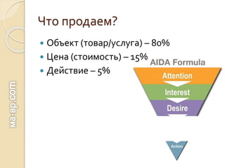 Что продаем?
 Объект (товар/услуга) – 80%
 Цена (стоимость) – 15%
 Действие – 5%
 