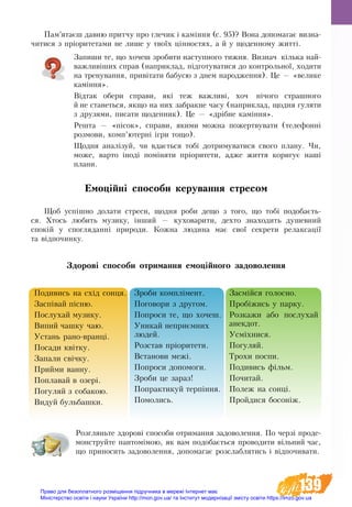 139
Пам’ятаєш давню притчу про глечик і каміння (с. 95)? Вона допомагає визна-
читися з пріоритетами не лише у твоїх цінностях, а й у щоденному житті.
Запиши те, що хочеш зробити наступного тижня. Визнач кілька най-
важливіших справ (наприклад, підготуватися до контрольної, ходити
на тренування, привітати бабусю з днем народження). Це — «велике
каміння».
Відтак обери справи, які теж важливі, хоч нічого страшного
й не станеться, якщо на них забракне часу (наприклад, щодня гуляти
з друзями, писати щоденник). Це — «дрібне каміння».
Решта — «пісок», справи, якими можна пожертвувати (телефонні
розмови, комп’ютерні ігри тощо).
Щодня аналізуй, чи вдається тобі дотримуватися свого плану. Чи,
може, варто іноді поміняти пріоритети, адже життя коригує наші
плани.
Емоційні способи керування стресом
Щоб успішно долати стреси, щодня роби дещо з того, що тобі подобаєть-
ся. Хтось любить музику, інший — куховарити, дехто знаходить ду­шев­ний
спокій у спогляданні природи. Кожна людина має свої секрети релаксації
та відпочинку.
Здорові способи отримання емоційного задоволення
Подивись на схід сонця.
Заспівай пісню.
Послухай музику.
Випий чашку чаю.
Устань рано-вранці.
Посади квітку.
Запали свічку.
Прийми ванну.
Поплавай в озері.
Погуляй з собакою.
Видуй бульбашки.
Зроби комплімент.
Поговори з другом.
Попроси те, що хочеш.
Уникай неприємних
людей.
Розстав пріоритети.
Встанови межі.
Попроси допомоги.
Зроби це зараз!
Попрактикуй терпіння.
Помолись.
Засмійся голосно.
Пробіжись у парку.
Розкажи або послухай
анекдот.
Усміхнися.
Погуляй.
Трохи поспи.
Подивись фільм.
Почитай.
Полеж на сонці.
Пройдися босоніж.
Розгляньте здорові способи отримання задоволення. По черзі проде-
монструйте пантомімою, як вам подобається проводити вільний час,
що приносить задоволення, допомагає розслаблятись і відпочивати.
Право для безоплатного розміщення підручника в мережі Інтернет має
Міністерство освіти і науки України http://mon.gov.ua/ та Інститут модернізації змісту освіти https://imzo.gov.ua
 