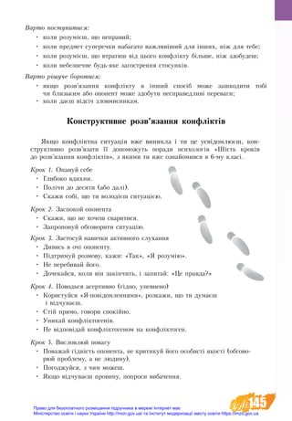 145
Вàðòî ïîñòóïèòèñÿ:
•	 êîëè ðîçóì³ºø, ùî íåïðàâèé;
•	 êîëè ïðåäìåò ñóïåðå÷êè íàáàãàòî âàæëèâ³øèé äëÿ ³íøèõ, í³æ äëÿ òåáå;
•	 êîëè ðîçóì³ºø, ùî âòðàòèø â³ä öüîãî êîíôë³êòó á³ëüøå, í³æ здобудеø;
•	 êîëè íåáåçïå÷íå áóäü-ÿêå çàãîñòðåííÿ ñòîñóíê³â.
Вàðòî ð³øó÷å áîðîòèñÿ:
•	 ÿêùî розв’язаííя êîíôë³êòó в ³íøèй ñïîñіá може зашкодити тобі
чи близьким або îïîíåíò ìîæå здобуòè íåñïðàâåäëèâ³ ïåðåâàãè;
•	 êîëè äàºø â³äñ³÷ çëîâìèñíèêàì.  
Кон­ст­рук­тив­не розв’яза­ння конфліктів
Як­що конфліктна си­ту­ація вже ви­ник­ла і ти це усвідо­млюєш, кон­
ст­рук­тив­но розв’яза­ти її до­по­мо­жуть поради психологів «Шість кроків
до розв’язання конфліктів», з якими ти вже ознайомився в 6-му класі.
Крок 1. Опануй себе
•	 Гëèáîêî вдихни.
•	 Ïîлічи äî äåñÿòè (àáî äàë³).
•	 Ñêàæè ñîá³, ùî òè володієш ситуацією.
Крок 2. Заспокой опонента
•	 Скажи, що не хочеш сваритися.
•	 Запропонуй обговорити ситуацію.
Крок 3. Застосуй навички активного слухання
•	 Дивись в очі опоненту.
•	 Підтримуй розмову, кажи: «Так», «Я розумію».
•	 Не перебивай його.
•	 Дочекайся, коли він закінчить, і запитай: «Це правда?»
Крок 4. Поводься асертивно (гідно, упевнено)
•	 Користуйся «Я-повідомленнями», розкажи, що ти думаєш
і відчуваєш.
•	 Стій прямо, говори спокійно.
•	 Уникай конфліктогенів.
•	 Не відповідай конфліктогеном на конфліктоген.
Крок 5. Висловлюй повагу
•	 Поважай гідність опонента, не критикуй його особисті якості (обгово-
рюй проблему, а не людину).
•	 Погоджуйся, з чим можеш.
•	 Якщо відчуваєш провину, попроси вибачення.
Право для безоплатного розміщення підручника в мережі Інтернет має
Міністерство освіти і науки України http://mon.gov.ua/ та Інститут модернізації змісту освіти https://imzo.gov.ua
 