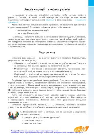 33
Аналіз ситуацій та оцінка ризиків
Потрапивши в будь-яку незнайому ситуацію, треба миттєво оцінити
рівень її безпеки. У такий спосіб ïåðåâ³ðÿють, ÷è ³ñíóº çàãðîçà æèòòю
³ çäîðîâ’ю. Òàêó çàãðîçó ùå íàçèâàþòü ðèçèêîì, а джерела ризику — чинниками
ураження.
Мàéæå вñ³ æèòòºâ³ ñèòóàö³¿ ïîâ’ÿçàí³ ç ðèçèêîì. ßê âèзначèòè, ùî ñèòóàö³ÿ
º дуже ðèçèêîâàíîþ? Для цього, оцінюючи ризик, слід зважати:
•	 на імовірність виникнення події;
•	 масштаби її наслідків.
Наприклад, імовірність того, що в автозаправну станцію вдарить блискавка,
доволі мала. Але внаслідок цього може статися потужний вибух, який зруйнує
все навкруги і призведе до забруднення довкілля. Зважаючи на серйозні наслід-
ки, ризик вважають високим і обладнують автозаправки спеціальними щоглами
з громовідводами.
Види ризику
Оскільки íàøå çäîðîâ’ÿ — öå ô³çè÷íå, ïñèõ³÷íå ³ ñîö³àëüíå áëàãîïîëó÷÷ÿ,
ðîçð³çíÿþòü три види ризику.
•	 Фізичний — пов’язаний із життям і фізичним здоров’ям людини (кататися
на велосипеді без шолома, гратися на залізничній колії).
•	 Психологічний — пов’язаний з уïåâíåí³стю, гідністю, самоповагою (про-
валитись на іспиті, не вступитися за того, кого ображають).
•	 Соціальний — пов’язаний з авторитетом, популярністю, успіхом (посвари-
тися з другом, порушити загальноприйняті правила).
Розрізняють ризик виправданий і невиправданий. Розпочинаючи нову справу,
беручи участь у конкурсі, спортивному змаганні, ми ризикуємо розчаруватись,
утратити авторитет. Однак такий ризик є виправданим, адже недарма говорять:
«Хто не ризикує, той не виграє». Іноді кажуть, що ризик — благородна справа.
Це стосується випадків, коли людина ризикує собою заради інших (захищає
слабших, рятує чиєсь життя).
Äåхто ìàє ñõèëüí³ñòü äî íåðîçóìíèõ вчинкіâ: куриòü, âæèâàє àëêîãîëü,
íàðêîòèêè, àãðåñèâíî ïîâîäиòüñÿ àáî â÷èíÿє ïðîòèïðàâí³ ä³¿. Тàêа ïîâåä³íêа
є íåâèïðàâäàíî ðèçèêîâàíîþ. Зазвичай îäí³ âèäè ðèçèêîâàíî¿ ïîâåä³íêè
призводять до інших.
Á³ëüø³ñòü êðèì³íàëüíèõ çëî÷èí³â, ÄÒÏ, óòîïëåíü, íåùàñíèõ âèïàäê³â
ó ïîáóò³ та íà âèðîáíèöòâ³ ïîâ’ÿçàí³ ç óæèâàííÿì àëêîãîëþ і íàðêîòèê³â.
1. Проаналізуйте одну із ñèòóàö³й, ÿê³ âè çàïèñàëè у стартовому
çàâäàííі, за планом:
•	 джерела ризику (чинники ураження);
•	 для кого є загроза;
•	 можливі наслідки.
Право для безоплатного розміщення підручника в мережі Інтернет має
Міністерство освіти і науки України http://mon.gov.ua/ та Інститут модернізації змісту освіти https://imzo.gov.ua
 