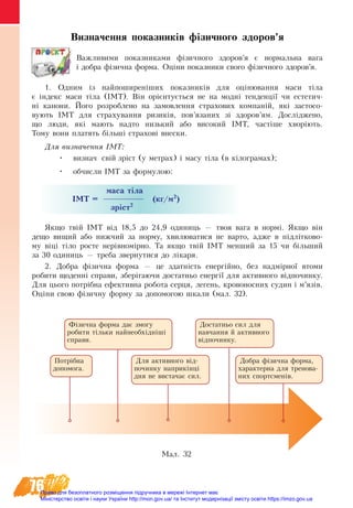 76
Визначення показників фізичного здоров’я
Важливими показниками фізичного здоров’я є нормальна вага
і добра фізична форма. Оціни показники свого фізичного здоров’я.
1. Одним із найпоширеніших показників для оцінювання маси тіла
є індекс маси тіла (ІМТ). Він орієнтується не на модні тенденції чи естетич-
ні канони. Його розроблено на замовлення страхових компаній, які застосо-
вують ІМТ для страхування ризиків, пов’язаних зі здоров’ям. Досліджено,
що люди, які мають надто низький або високий ІМТ, частіше хворіють.
Тому вони платять більші страхові внески.
Для визначення ІМТ:
•	 визнач свій зріст (у метрах) і масу тіла (в кілограмах);
•	 обчисли ІМТ за формулою:
маса тіла        
ІМТ =                 (кг/м2
)  
            зріст2
Якщо твій ІМТ від 18,5 до 24,9 одиниць — твоя вага в нормі. Якщо він
дещо вищий або нижчий за норму, хвилюватися не варто, адже в підлітково-
му віці тіло росте нерівномірно. Та якщо твій ІМТ менший за 15 чи більший
за 30 одиниць — треба звернутися до лікаря.
2. Добра фізична форма — це здатність енергійно, без надмірної втоми
робити щоденні справи, зберігаючи достатньо енергії для активного відпочинку.
Для цього потрібна ефективна робота серця, легень, кровоносних судин і м’язів.
Оціни свою фізичну форму за допомогою шкали (мал. 32).
Потрібна
допомога.
Фізична форма дає змогу
робити тільки найнеобхідніші
справи.
Для активного від­
по­­чинку наприкінці
дня не вистачає сил.
Достатньо сил для
навчання й активного
відпочинку.
Добра фізична фор­ма,
характерна для тренова-
них спортсменів.
Ìàë. 32
Право для безоплатного розміщення підручника в мережі Інтернет має
Міністерство освіти і науки України http://mon.gov.ua/ та Інститут модернізації змісту освіти https://imzo.gov.ua
 