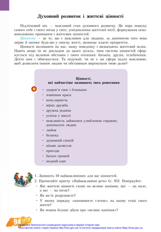 94
Духовний розвиток і життєві цінності
Підлітко­вий вік — важ­ли­вий етап духовного розвитку. Це пора пошуку
самого себе і свого місця у світі, усвідомлення життєвої місії, формування осно-
воположних принципів і життєвих цінно­с­тей.
Цінності — це те, що є важ­ли­вим для лю­ди­ни, за до­по­мо­гою чо­го во­на
звіря­є й оціню­є будь-що у своєму житті, виз­на­ча­є власні пріори­те­ти.
Цінності впли­ва­ють на нас, на­шу по­ведінку і виз­на­ча­ють життєвий шлях.
Навіть як­що ти не до­кла­деш до цьо­го зу­силь, твоя си­с­те­ма цінно­с­тей сфор­
мується під впли­вом об­ста­вин і тво­го ото­чен­ня: батьків, друзів, те­ле­ба­чен­ня.
Дех­то цим і об­ме­жується. Та по­ду­май, чи не є ця сфе­ра над­то важ­ли­вою,
щоб доз­во­ля­ти іншим лю­дям чи об­ста­ви­нам вирішу­ва­ти твою до­лю?
1. Запишіть 10 найваж­ли­віших для вас цінно­с­тей.
2. Прочитайте притчу «Найважливіші речі» (с. 95). Поміркуйте:
•	 Які життєві цінності схожі на велике каміння, які — на мале,
а які — на пісок?
•	 Як ви їх розрізняєте?
•	 У якому порядку «наповнюєте глечик» на цьому етапі свого
життя?
•	 Як можна більше дбати про «велике каміння»?
Цінно­с­ті, ­
які най­частіше на­зи­ва­ють твоъ ровесники    
•	 здо­ров’я своє і близь­ких
•	 зовнішня кра­са
•	 по­пу­лярність
•	 вірна друж­ба
•	 друж­на ро­ди­на
•	 успіхи у школі
•	 мож­ливість зай­ма­ти­ся улюб­ле­ною спра­вою,
до­по­ма­гати лю­дям
•	 лю­бов
•	 без­пе­ка
•	 ду­шев­ний спокій
•	 ціка­ве дозвілля
•	 при­го­ди
•	 ба­га­то гро­шей
•	 мод­ний одяг
Право для безоплатного розміщення підручника в мережі Інтернет має
Міністерство освіти і науки України http://mon.gov.ua/ та Інститут модернізації змісту освіти https://imzo.gov.ua
 