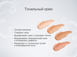 Основа макияжа Тонирует кожу Выравнивает цвет и скрывает пятна Выравнивает микрорельеф кожи  и исправляет дефекты Защищает от солнечных лучей  и атмосферной пыли Тональный крем 