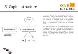 6. Capital structure
In order to achieve the best possible return for the
shareholders in NSE, the highest possible degree of financing
of the individual projects is pursued. The bank financing of
each facility will be negotiated as part of the investment
agreement that is made and the liability for the debt financing
will be in the local subsidiary with security in the solar energy
facility.
Thus, NSE’s shareholders will not be liable for debt registered
in the portfolio companies. Likewise, the local companies are
not liable for each other. The degree of financing is typically
between 70 and 80 percent. The lowest degree of financing is
obtained in the less developed central and eastern European
countries, while a higher degree is obtained in, e.g. Germany
and France.
Nordic Solar Energy A/S
SPV1 SPV2 SPV3
Investors
NSE Management A/S
• Portfolio management
• Due diligence
• Administration
 