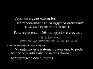 Vejamos alguns exemplos:
Para representar 332, os egípcios escreviam:
|| , ou seja, 100+100+100+10+10+10+1+1.
Para representar 4569, os egípcios escreviam:
|||||||||, ou seja,
1000+1000+1000+1000+100+100+100+100+100+10+10+
+10+10+10+10+1+1+1+1+1+1+1+1+1.
No entanto, este sistema de numeração pode
tornar-se muito trabalhoso em relação à
representação dos números.
 