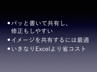 •パッと書いて共有し、 
修正もしやすい
•イメージを共有するには最適
•いきなりExcelより省コスト
 