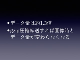 •データ量は約1.3倍
•gzip圧縮転送すれば画像時と
データ量が変わらなくなる
 
