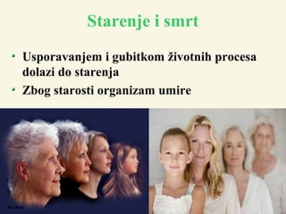 Starenje i smrt
Usporavanjem i gubitkom životnih procesa
dolazi do starenja
Zbog starosti organizam umire
 