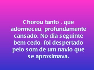 Chorou tanto , que adormeceu, profundamente cansado. No dia seguinte bem cedo, foi despertado pelo som de um navio que se aproximava. 