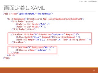 涨xXAML
<Page x:Class="OpenSeminarUWP.Views.MainPage">
<Grid Background="{ThemeResource ApplicationPageBackgroundThemeBrush}">
<Grid.RowDefinitions>
<RowDefinition Height="Auto" />
<RowDefinition Height="*" />
</Grid.RowDefinitions>
<StackPanel Grid.Row="0" Orientation="Horizontal" Margin="12">
<Button Content="Clear" Command="{Binding ClearCommand}" />
<TextBlock Margin="20,0,0,0" FontSize="36" Text="{Binding Status}" />
</StackPanel>
<Grid Grid.Row="1" Background="White" >
<InkCanvas x:Name="InkCanvas" />
</Grid>
</Grid>
</Page>
`ץ󥻥ߥʩ`2016ɽ
38
 