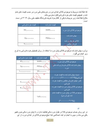 www.TXT.ir اصول حسابداری 
كھ اطلاعات مربوط بھ موجودی كالای ابتدای دوره و خریدھای طی دوره بر حسب قیمت ھای تمام 
شده و ھمچنین قیمت ھای خرده فروشی قابل دسترسی باشد. 
مثال) اطلاعات زیر مربوط بھ یكی از اقلام مواد شوینده فروشگاه نظیف طی سال ١٣ ٧٩ در دست 
است: 
قیمت تمام شده قیمت خرده فروشی 
موجودی كالای اول دوره ٣۶٠٠٠٠٠٠ ٢٢٣٢٠٠٠٠ 
WWW.TXT.IR 
٥٧ 
بھای تمام شده 
کالای خریداری شده 
۶٤٠٠٠٠٠٠ ٣٩۶٨٠٠٠٠ 
فروش خالص ٧٠٠٠٠٠٠٠ 
برآورد بھای تمام شده موجودی كالای پایان دوره با استفاده از روش قیمتھای خرده فروشی بھ شرح 
زیر انجام می گیرد. 
قیمت تمام شده قیمت خرده فروشی 
موجودی کالای اول دوره ٣٦٠٠٠٠٠٠ ٢٢٣٢٠٠٠٠ 
بھای تمام شده کالای خریداری شده طی 
دوره ٦٤٠٠٠٠٠٠ ٣٩٦٨٠٠٠٠ 
١٠٠٠٠٠٠٠٠٠ ٦٢٠٠٠٠٠٠ 
نسبت بھای تمام شده بھ قیمت خرده 
(١٠٠٠٠٠٠/٦٢٠٠٠٠٠٠= فروشی(% ٦٢ 
کسر میشود:فروش خالص بھ قیمت خرده 
فروشی ٧٠٠٠٠٠٠٠ 
موجودی کالای پایان دوره بھ قیمت خورده 
فروشی ٣٠٠٠٠٠٠٠ 
موجودی كالا در پایان دوره بھ قیمت تمام 
شده (برآوردی) 
(٣٠٠٠٠٠٠٠*٦٢%) 
١٨٦٠٠٠٠٠ 
ثبت ادواری: 
در این روش حساب موجودی كالا در طول دوره مالی فعالیت ندارد و تا پایان دوره مالی بدون تغییر 
باقی می ماند و سپس با انجام دو ثبت اصلاحی ابتدا مبلغ موجودی كالای در ابتدای دوره، از این 
 